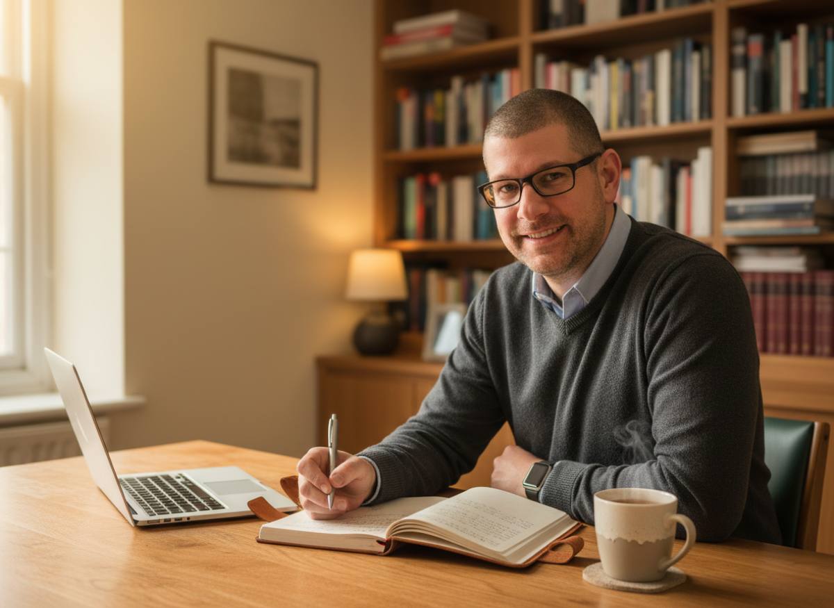 Elliot Rose writing at his desk
